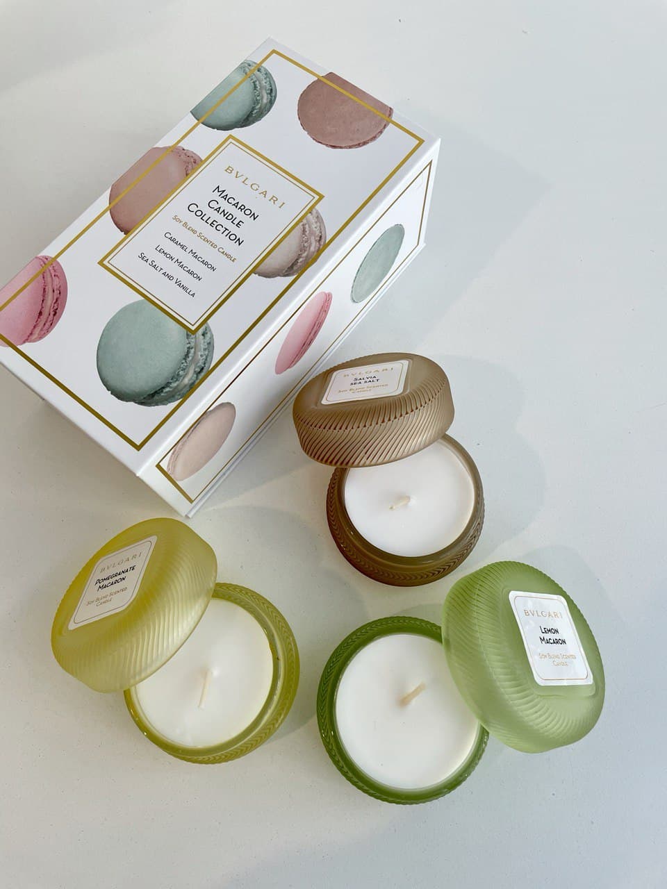 BVLGARI MACARON CANDLE COLLECTION CARAMEL/LEMON/SEA SALT 3IN1 SET